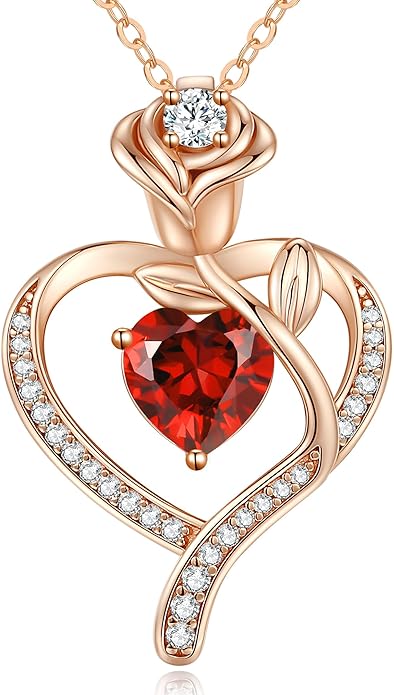 LOUISA SECRET Rose Flower Heart Birthstone Necklaces for Women, 925 Sterling Silver Fine Jewelry, Pendant Heart Necklaces Birthday Anniversary Christmas Gift for Women Wife Mom Girlfriend Lady