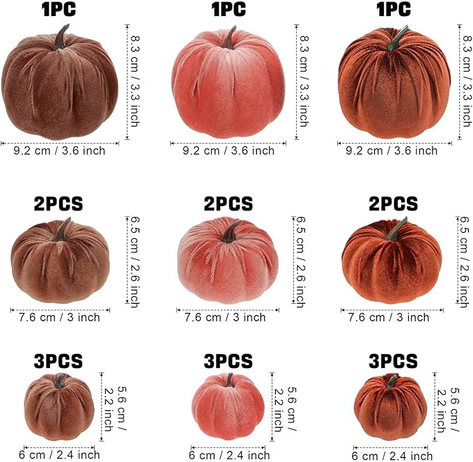 Woration 18pcs Fake Artificial Velvet Pumpkin Fall Decoration 3 Size Faux Foam Fabric Pumpkins Halloween Decor for Home Farmhouse Harvest Thanksgiving - Brown Series
