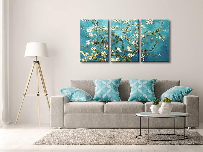Wieco Art Giclee Canvas Prints Wall Art for Wall Decor by Van Gogh Paintings Almond Blossom Modern 3 Piece Stretched and Framed Abstract Flowers Artwork Home Office Decorations