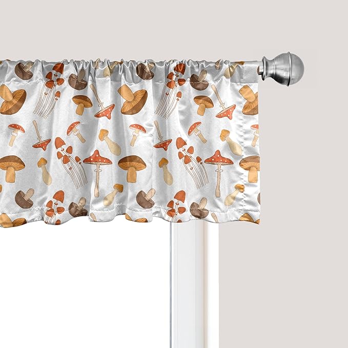 Ambesonne Autumn Window Valance, Colorful Mushroom Pattern Woodland Illustration Fall Season Romance, Rod Pocket Curtain Valances for Kitchen Bedroom, 54" X 12", Brown