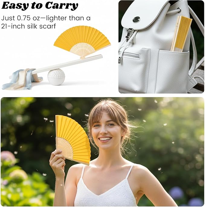 JOHOUSE 12 Pcs Foldable Hand Fan, 8.3 Inch Yellow Paper Fans for Lemon Party Decorations, Wedding, Baby Shower DIY Crafts Photography Props