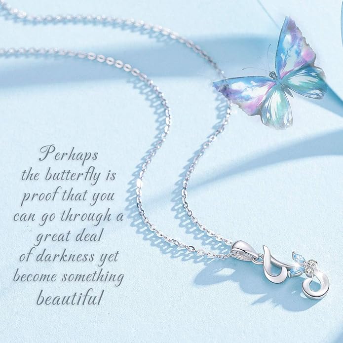 EUDORA Sterling Silver Butterfly Initial Necklaces for Women, Elegant Letter Neckles Personalized Gift for Mother, Sister, Daughter, 18 inch Chai