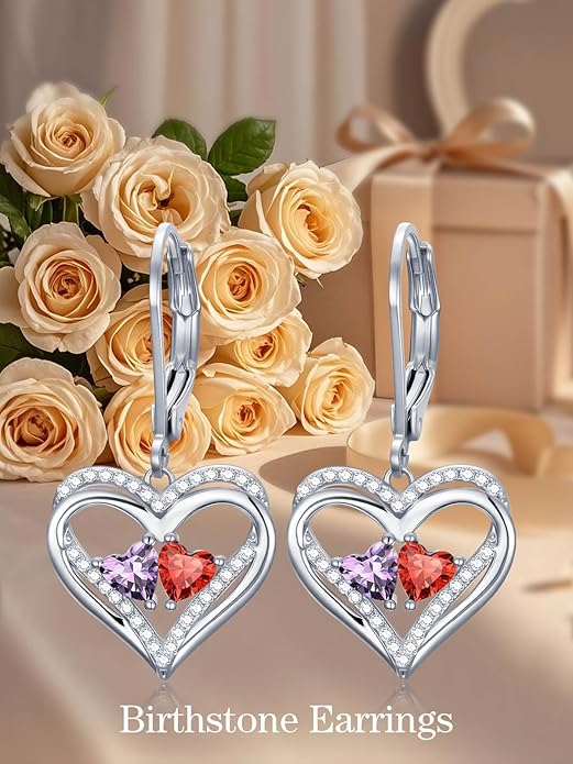 Heart Leverback Earrings Double Birthstone Dangle Earrings for Women, Love Jewelry for Her, Christmas Gifts for Women, Anniversary Birthday Gift for Mom Wife Girlfriend