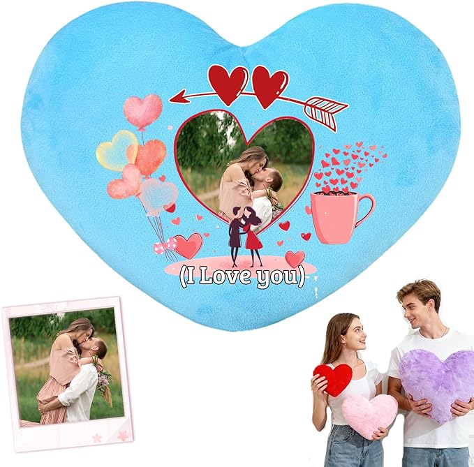 Custom Heart Pillow with Photo Text, Personalized Heart Shaped Pillow with Insert as Valentine Pillows Home Decor Personalized Gifts for Husband Wife Kids Family on Valentines Day Anniversary
