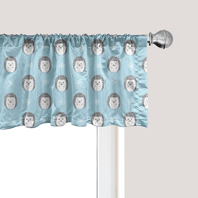 Ambesonne Hedgehog Window Valance Pack of 2, Watercolor Art Smiling Happy Characters with White Daisies on Blue, Rod Pocket Curtain Valances for Kitchen Bedroom, 54" X 18", Pale Blue Grey White