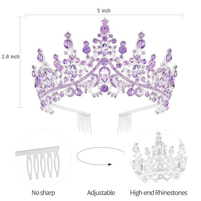 Velscrun Purple Crystal Birthday Tiara Crowns for Women Girls Elegant Princess Crown with Combs Birthday Girl Headband Sash Happy Birth Party Decorations Birth Hair Accessories