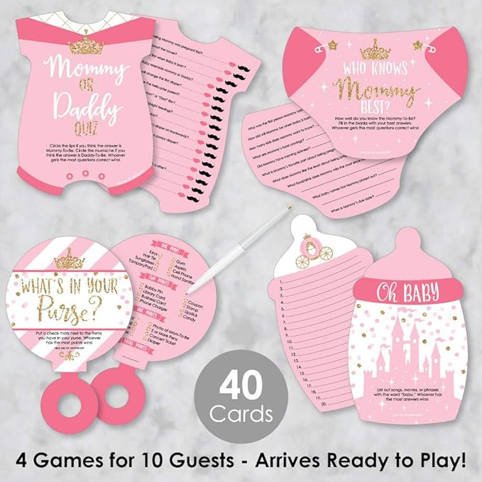 Big Dot of Happiness Little Princess Crown - 4 Pink and Gold Princess Baby Shower Games - 10 Cards Each - Who Knows Mommy Best, Mommy or Daddy Quiz, What’s in Your Purse and Oh Baby - Gamerific Bundle