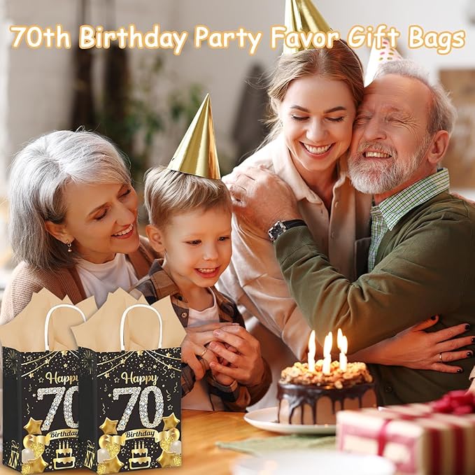 50Pcs 70th Birthday Party Favors Gift Bags Bulk, Black and Gold Happy 70th Gift Candy Wrap Bags with Tissue Paper, Vintage 70th Birthday Decorations Souvenir Bag for Men Women Anniversary Supplies (70th)