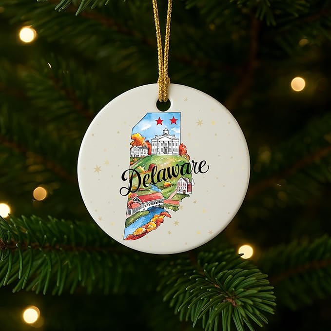 USA State Landmark Ceramic Ornament – Round Glossy Christmas Decoration Featuring U.S. State Art, Landmarks & Holiday Scenery – Collectible Travel Souvenir Ornament Series (Delaware)
