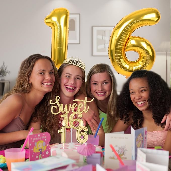 16th Birthday Decorations for Girls Gold with Sweet 16 Sash and Tiara, Cake Topper and Candles, Number Balloons, Sweet 16 Party Decoration Gifts
