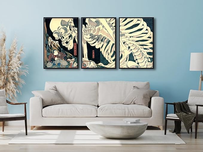 Wieco Art Black Framed 3 Piece Witch and Skeleton Ukiyo-E by Utagawa Takiyasha Historic Cultural Illustrations for Living Room Bedroom Home Decorations Artwork