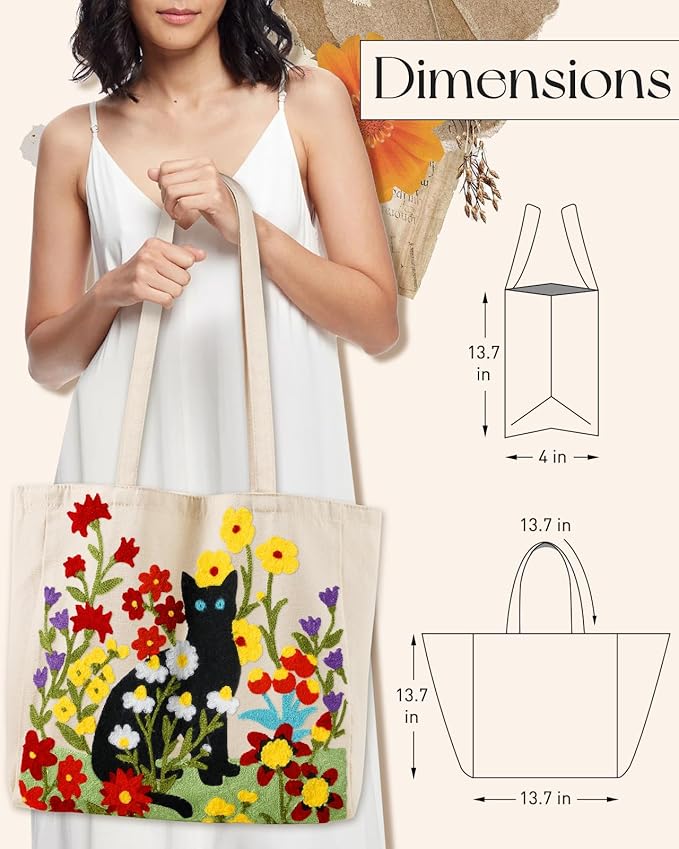 Miss Adola Aesthetic Embroidery Tote Bag for Women - Reusable Canvas Cute Shoulder Bag for Shopping, Grocery, Work, Book
