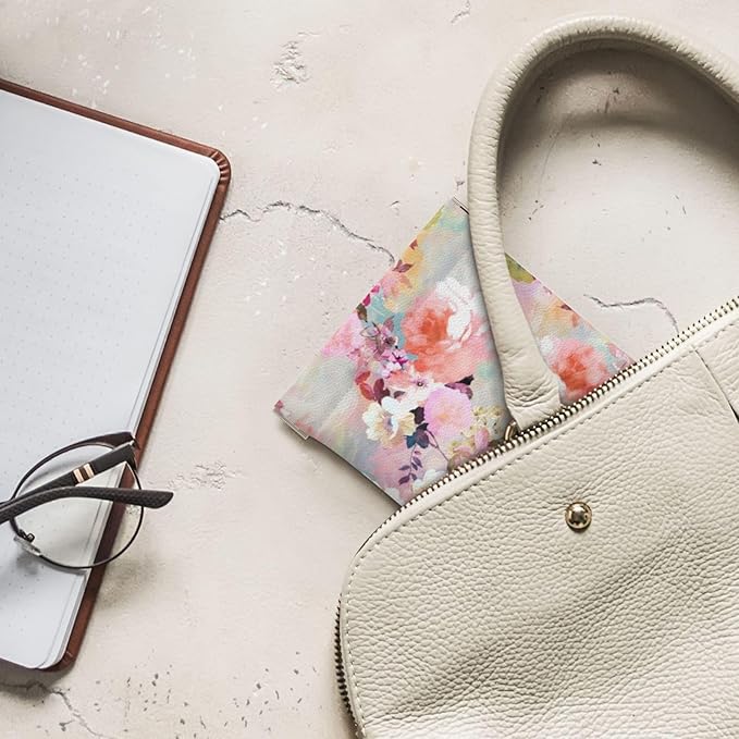 Coin Purse Watercolor Pink Flowers Pattern Leather Squeeze Coin Purse Mini Pouch Change Wallet Bag Gifts for Women Kids Girls Key Holder