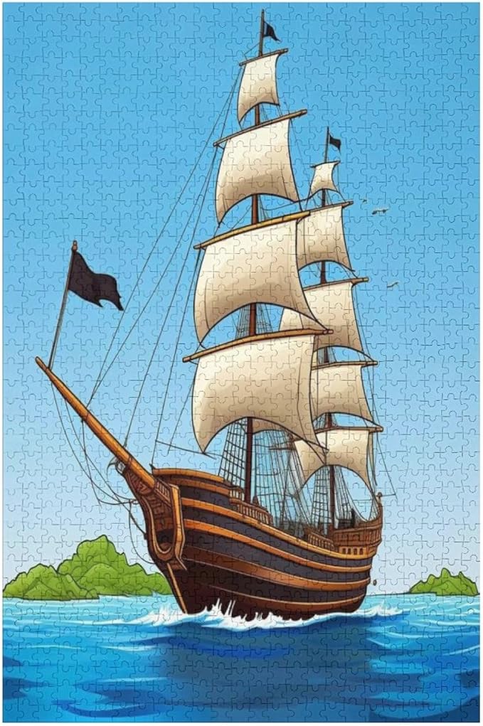 Puzzles for Adults 1000 Pieces Wooden Jigsaw Puzzle - Sail Ship Pirate Sea Island Theme Puzzle，Party Games，Family Toys，Educational Puzzles，Stress Relief Wooden Puzzle，Gifts for Family and Friends