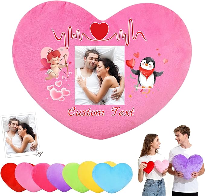 Custom Heart Pillow with Insert, Personalized Heart Shaped Pillows with Photo Name as Valentine Pillows for Hubsand Wife Home Decor Personalized Gifts for Valentines Day Anniversary