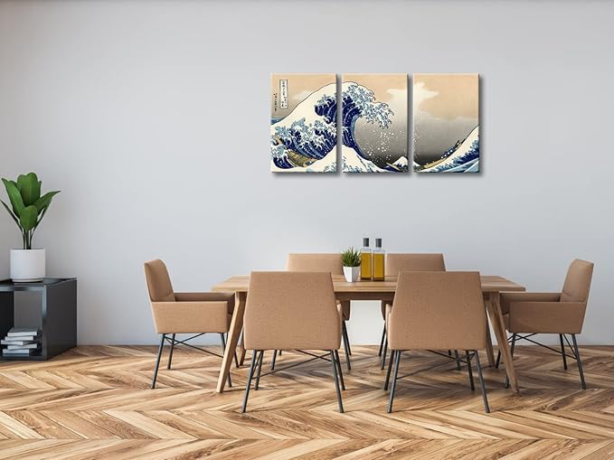 Wieco Art Great Wave of Kanagawa Katsushika Hokusai 3 Piece Modern Stretched Canvas Prints Artwork Abstract Pictures Paintings on Canvas Wall Art for Home Office Decorations Wall Decor