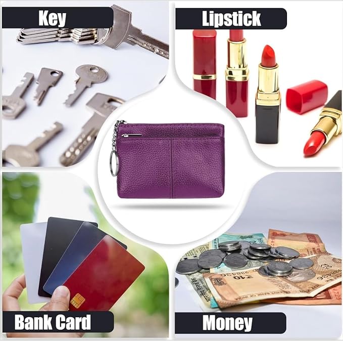 Genuine Leather Wallet Double Zipper Coin Purse Keychain Lychee Mini Change Pocket for Women (Purple)