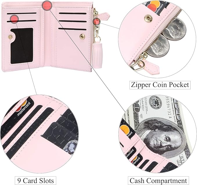 GEEAD Small Wallets for Women Bifold Slim Coin Purse Zipper ID Card Holder PU Leather Pink