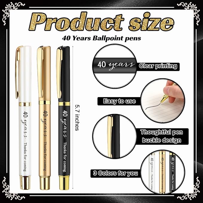 25 Sets Birthday Favors for Guests 25 Thanks for Coming Ballpoint Pens 25 Bookmarks 25 Cards with Organza Bag for Adult Birthday Anniversary Party Souvenir(Metal-40th)