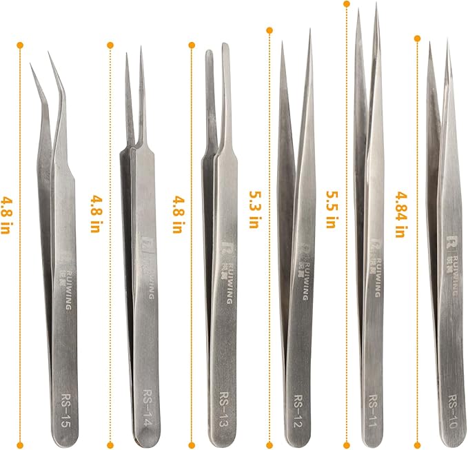 Precision Tweezers Set, 6 PCS Extra Thick Stainless Steel, Non-Magnetic, Heat Resistant for Electronics, Soldering, Jewelry, Craft, and Laboratory Work