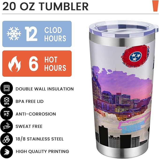 20oz Insulated Tumbler Tennessee State Coffee Mug, United States Map Travel Mug Landmark, Birthday Gifts Cute Custom Tumbler Cups with Lid and Straw Gifts for Mom