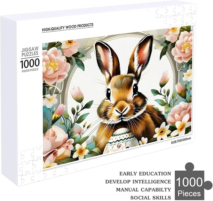 Wooden Puzzle - Easter Bunny with Flower Easter Egg Jigsaw Puzzles，Wooden Puzzles for Adults 1000 Pieces Challenge Puzzles，Educational Games，Family Puzzles，Unique Gifts for Wall Art
