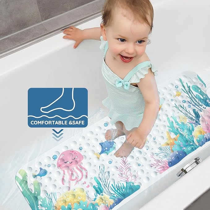 LNOND Bath Mat for Tub for Kids, Toddler Bathtub mat Non Slip, Coral Reef Fish Kids Bath Mats for Bathroom Non Slip with Drain Holes and Suction Cups,Machine Washable (40 X 16 Inch)