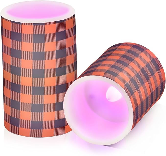 Halloween Black Orange Buffalo Plaid Check Flickering Flameless Candles Battery Operated with Remote Timer,Tea Light Candles LED Pillar Votive Candles Set of 2 for Outdoor Indoor Decorations