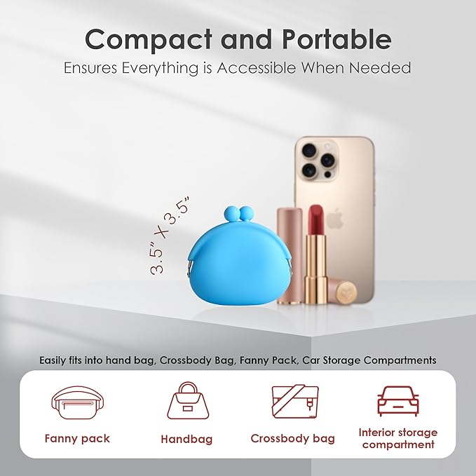 Coin Purse for Women – Silicone Small Coin Pouch with Kiss Lock for Coins, Keys, Lipstick, and Earphones – Mini Cute Change Purse, Coin Purse & Pouch for Daily Life, Cars, Travel, Party (Blue)