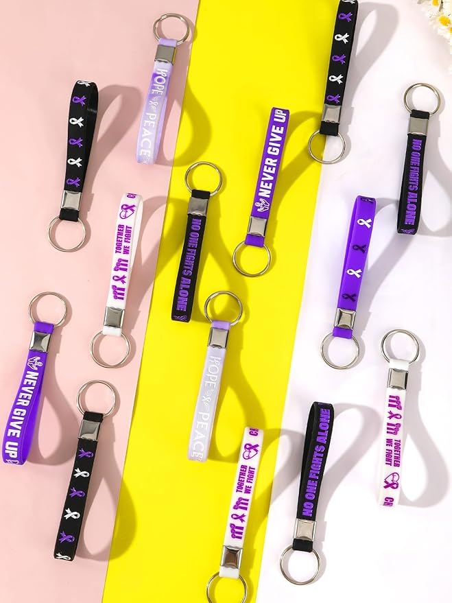 36pcs Purple Ribbon Awareness Silicone Keychains Inspirational Motivational Rubber Keychains for Lupus Domestic Violence Epilepsy Pancreatic Cancer Alzheimers Awareness Party Supplies