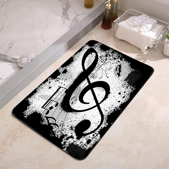 Black and White Music Notation Bathroom Mat, Non-Slip Super Absorption Bath Carpet with Rubber Backing, Fit Under Bathroom Doormat Floor Rugs for Shower Buthtub Sink, 17"x24"