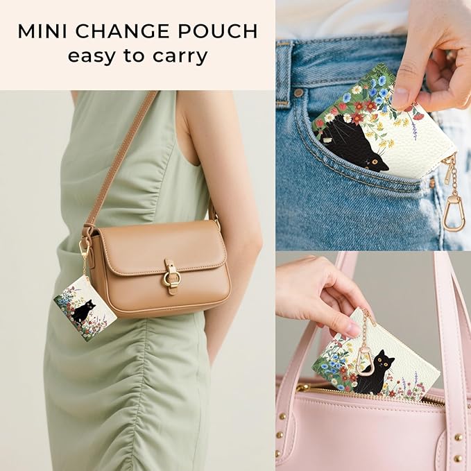 Black Cat Flower Floral Keychain Coin Purse for Women, Small PU Leather Change Pouch, Zipper Little Tiny Travel Wallet for Girls, Cute Kawaii Zip Pocket Coin Holder with Key Ring
