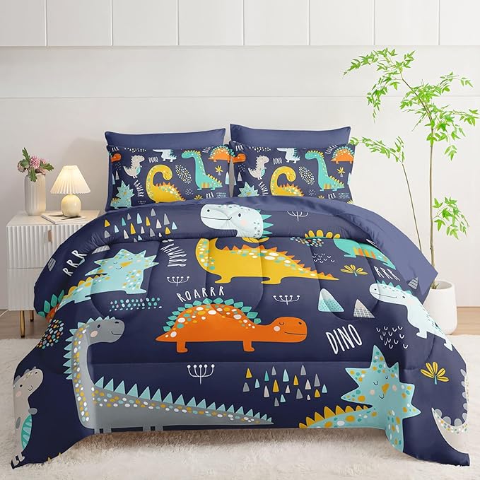 7Pcs Comforter Set Cartoon Dinosaur Printed Bedding Set with 1 Comforter, 1 Flat Sheet, 1 Fitted Sheet and 4 Pillowcases for Boys and Girls Bedroom All Season(Twin)