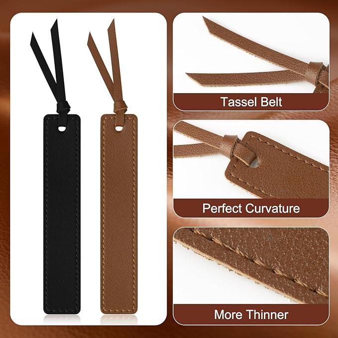 6 Pcs Leather Bookmark with Tassel, Classic Style Bookmark, 0.05 Inches Thin Handmade Stitched Bookmarks for Men, Book Marks for Reading, Gifts for Book Lovers, Readers (Dark Retro)
