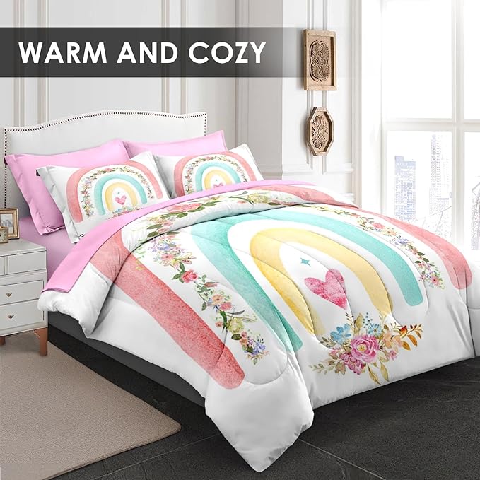 Comforter Set Twin Size, Cute Heart Pink Rose 5 Pcs Bedding for Kids and Adults, Rainbow Leaves Vintage Bed Sheet Sets with Fitted Sheet Pillowcase & Sham for Bedroom Bed Decor
