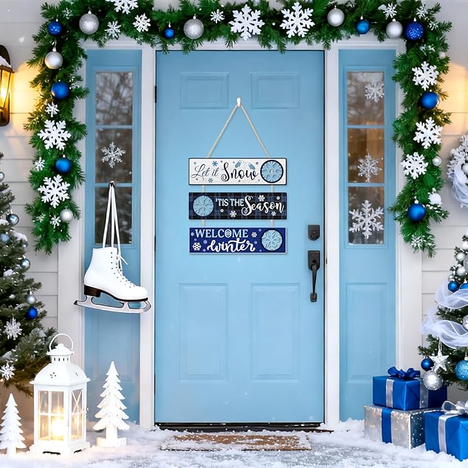 CHDITB Let It Snow Wooden Sign, Welcome Winter Front Door Sign, Snowy Snowflake Wood Hanging Plaque, Christmas Sign, Xmas Seasonal Wall Decor for Outdoor Porch Yard Home Decor