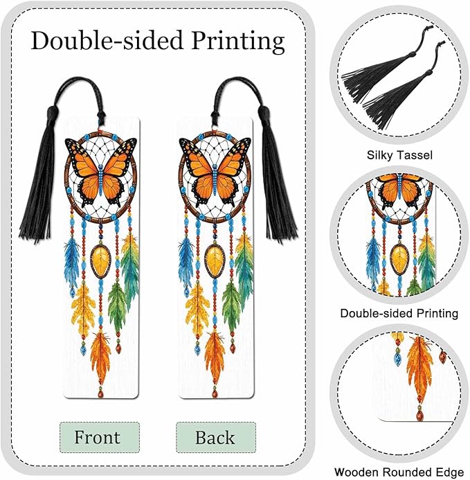 Tribal Dreamcatcher Bookmarks 5 Pcs Magic Tribal Feathers Butterfly Wooden Bookmark with Tassels for Reading Book Lovers Gift Office School Readers Teacher