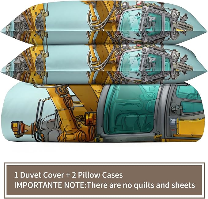 Yellow Excavator Bedding Set Queen Size Engineering Vehicle Duvet Cover Construction Vehicle Comforter Cover Construction Machinery Bed Set Soft Microfiber for Bedroom