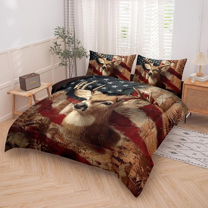 5PCS Deer Comforter Sets Queen,Boys Camo Bedding Queen,American Flag Comforter,Camo Bed Set for Boys,Adults,Teens