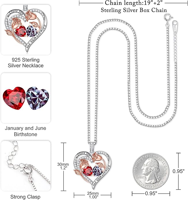 Iefil Valentines Day Gifts for Her - 925 Sterling Silver Rose Heart Birthstone Necklace Birthday Anniversary Jewelry Gifts for Her Wife Mom Daughter
