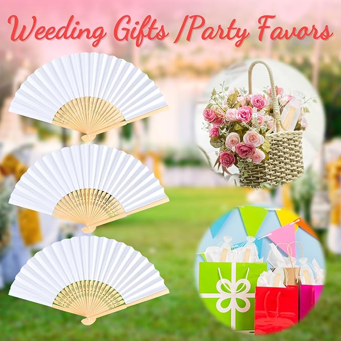 NEBURORA 6Pcs White Handheld Paper Fans 8.3 Inch Hand Held Bamboo Fans Foldable for Wedding Decoration Outdoor Party Favors DIY Decoration Dancing Photography Props
