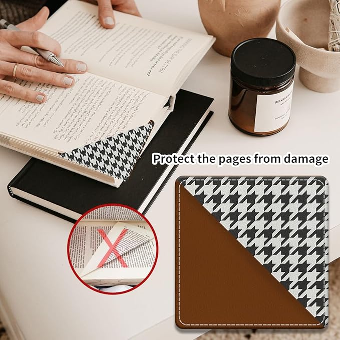 Cute Leather Bookmarks, Fun Triangle Making Corner Bookmark, Book Accessories for Reading Book Lovers, Unbreakable Page Markers for Women Men Classic Houndstooth