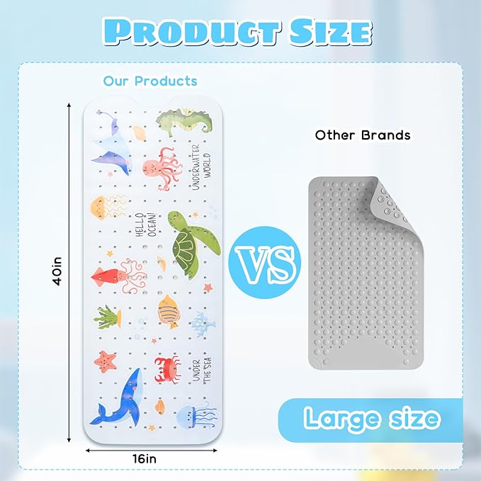 Baby Bath Mat for Tub Non Slip Kids Bathtub Mat Extra Long 40X16 Inch Toddler Bath Tub Shower Mat Anti Slip with Suction Cups & Drain Holes, Machine Washable (Under The sea)