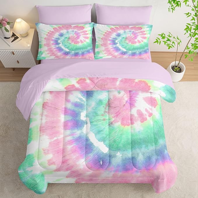 7Pcs Comforter Set Blue Pink Green Spiral Printed Bedding Set with 1 Comforter, 1 Flat Sheet, 1 Fitted Sheet and 4 Pillowcases for Boys and Girls Bedroom All Season(Spiral Twin)