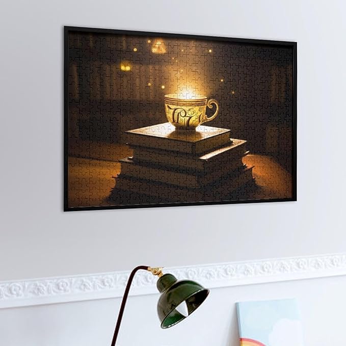 Wooden Puzzle - Hot Tea On A Book Rounded Corner Jigsaw Puzzles，Wooden Puzzles for Adults 500 Pieces Challenge Puzzles，Educational Games，Family Puzzles，Unique Gifts for Wall Art