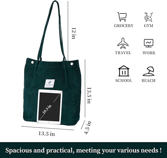 Corduroy Tote Bag Cute Tote Bags for Women Shoulder Bag with Inner Pocket for Work Beach Travel and Shopping Grocery