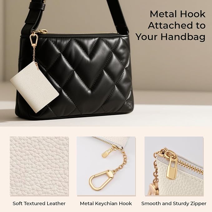 Beige White Keychain Coin Purse for Women, Small PU Leather Change Pouch, Zipper Little Tiny Travel Wallet for Girls, Cute Kawaii Zip Pocket Coin Holder with Key Ring