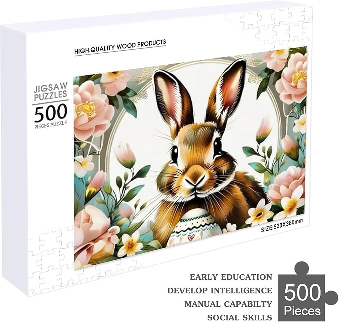Wooden Puzzle - Easter Bunny with Flower Easter Egg Jigsaw Puzzles，Wooden Puzzles for Adults 500 Pieces Challenge Puzzles，Educational Games，Family Puzzles，Unique Gifts for Wall Art