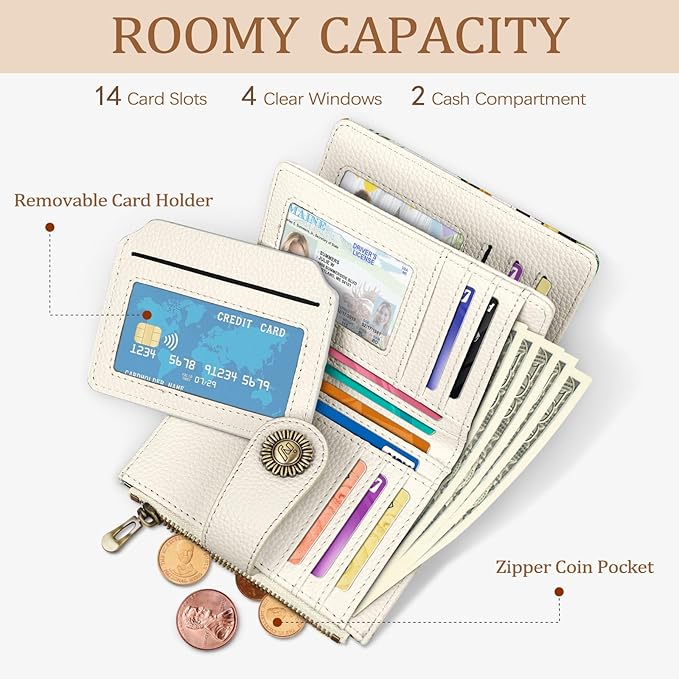 Black Cat Small Wallet Women RFID Blocking Bifold, Cute Credit Card Holder, Zipper Coin Pocket, Compact, Travel, PU Leather, 4 ID Window, 14 Card Slots, Cash Purse, Ladies Woman Female Girls