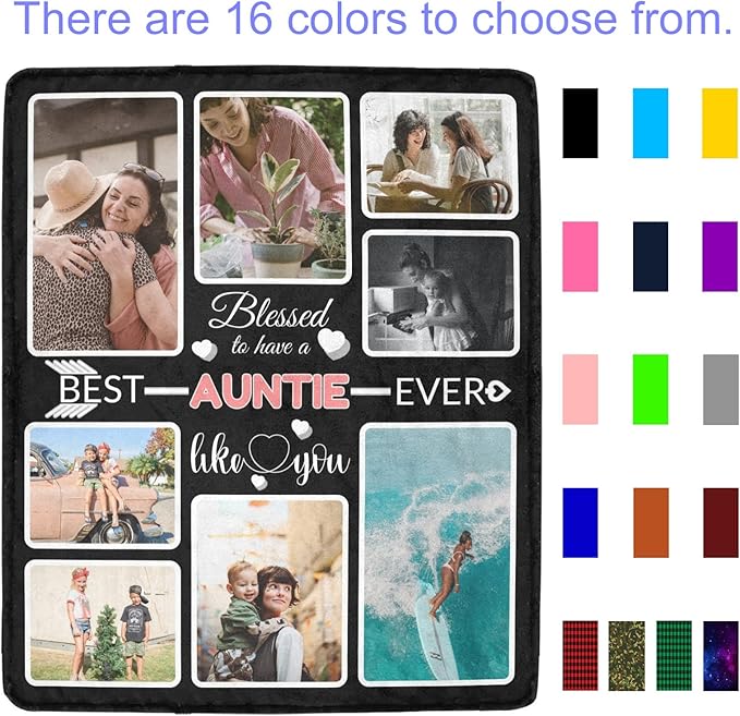 Custom Blanket Gifts with Photos, Personalized Bed Throws for Aunt, Custom Souvenir Throw Blanket for Best Aunt Ever, 8 Collages Made in USA